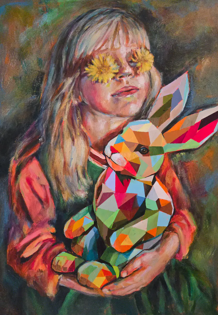 Blomsterögon och Färgglitterande Kanin - Akryl - Contemporary - 50×70 cm av Lana Blink (såld)
