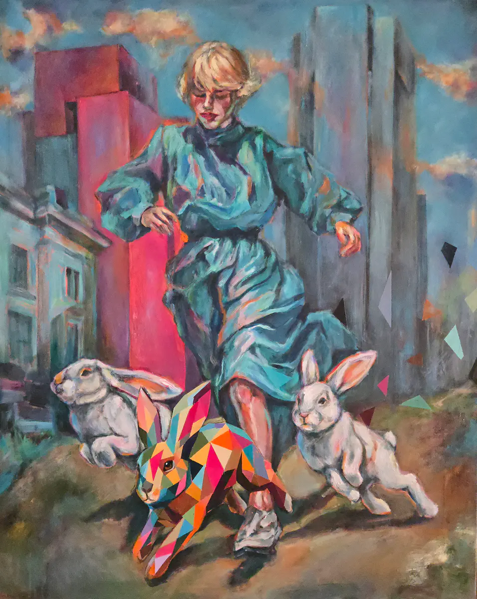 Färgrika Flykter i Stadens Mitt - Akryl - Abstract Expressionism - 80×100 cm av Lana Blink