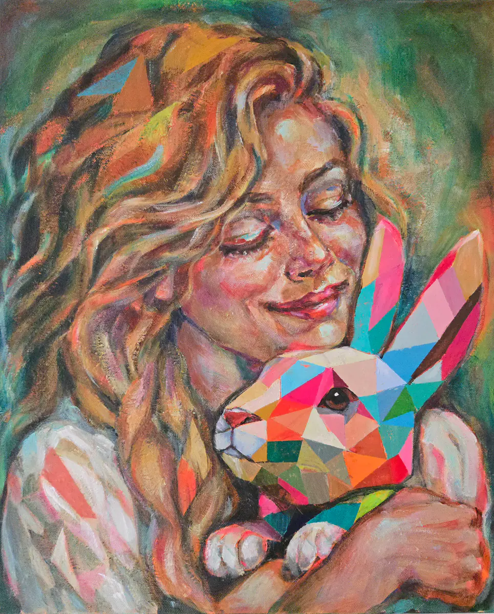 Färgsprakande Kram: Flicka med Geometrisk Kanin - Akryl - Abstract - 38×46 cm av Lana Blink