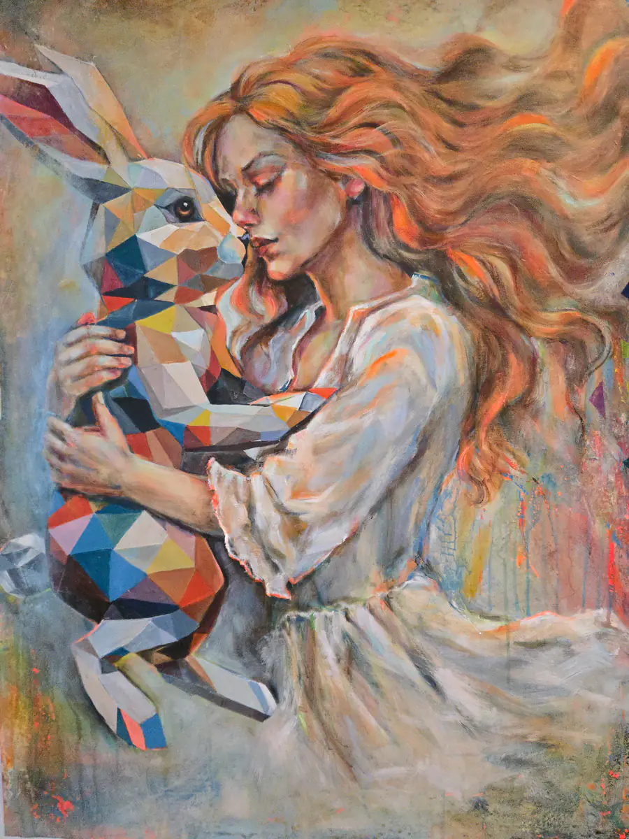 Flickan och den geometriska haren. - Akryl - Abstract Expressionism - 77×101 cm av Lana Blink (såld)