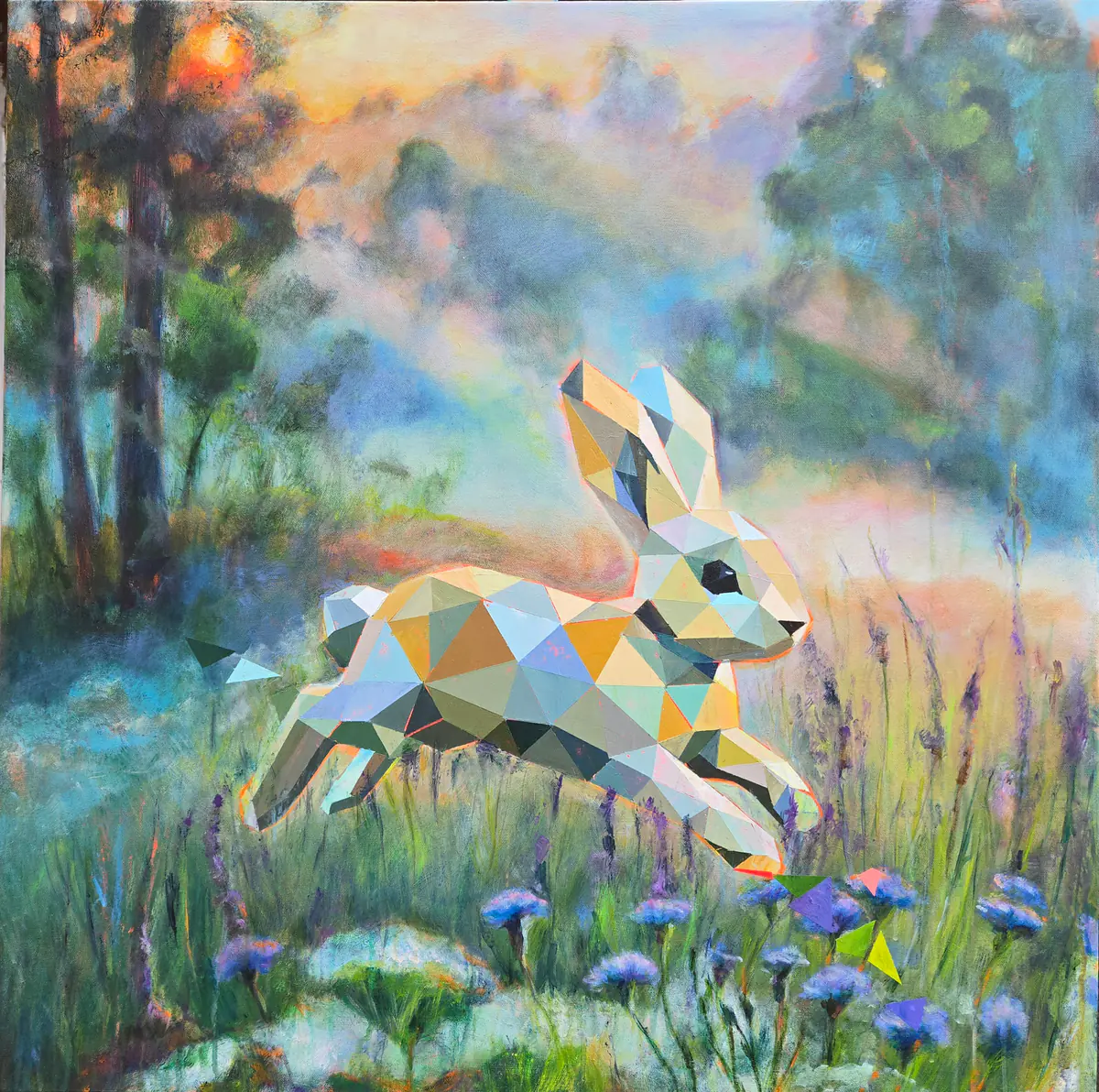 Geometrisk Kanin i Skogens Gränsland - Akryl - Conceptual - 80×80 cm av Lana Blink (såld)