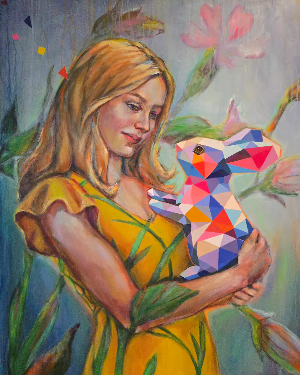 Kaleidoskopisk Närhet: Flicka och Geometrisk Kanin - Akryl - Conceptual - 80×100 cm av Lana Blink