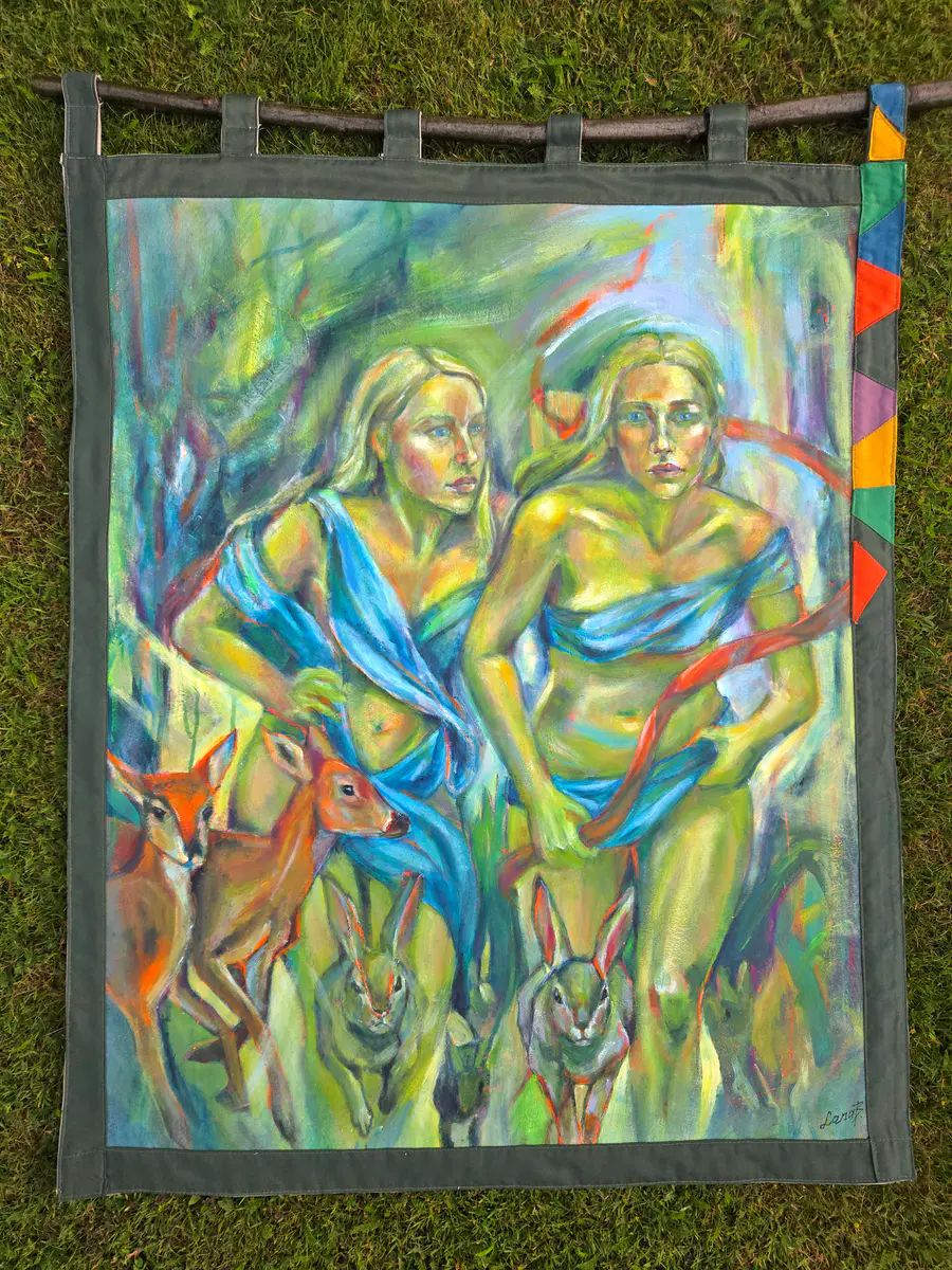 Kvinnor och Djur i Harmoni - Akryl - Conceptual - 90×110 cm av Lana Blink