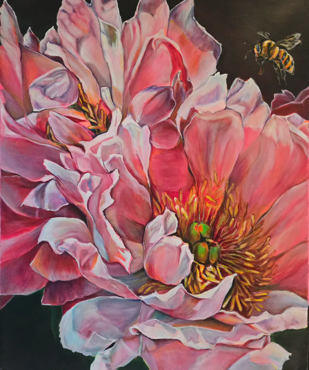 Rosa Pioner och Biets Dans i Olja - Akryl - Abstract - 80×90 cm av Lana Blink