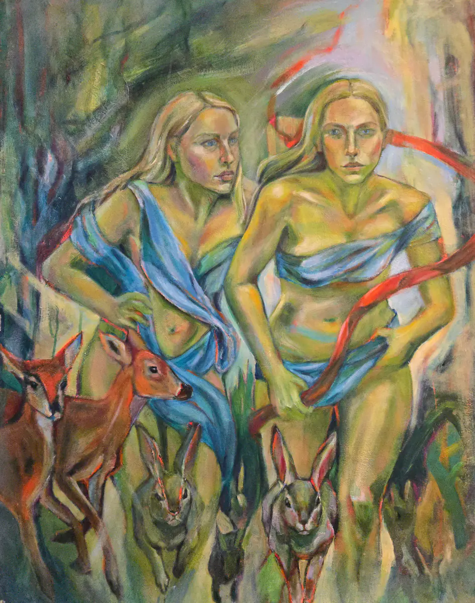 Skogens Arketyper – Samtida Figurativt Måleri. - Akryl - Abstract - 80×100 cm av Lana Blink