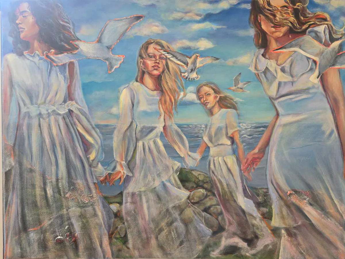 Systrar vid havet – Strukturell akrylmålning, samtidskonst från Skånes kust av Lana Blink. - Akryl - Abstract Expressionism - 100×76 cm av Lana Blink