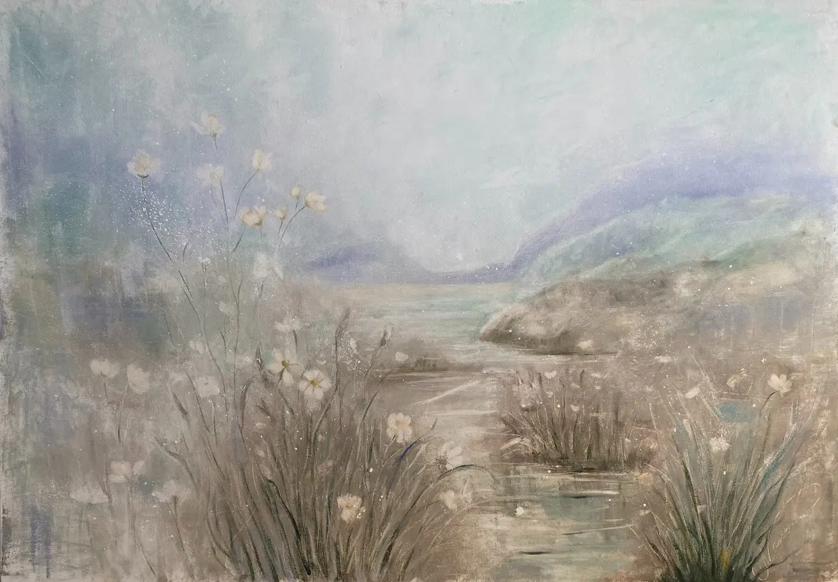 Blomstrande Stillhet i Dimma - Olja - Impressionism - 100×70 cm av Selene Caspian