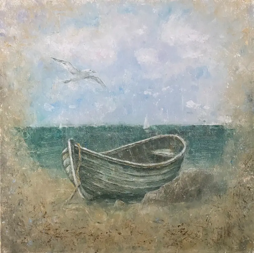 Efter stormen. Havet. Båt, 2025 - Olja - Impressionism - 50×50 cm av Selene Caspian