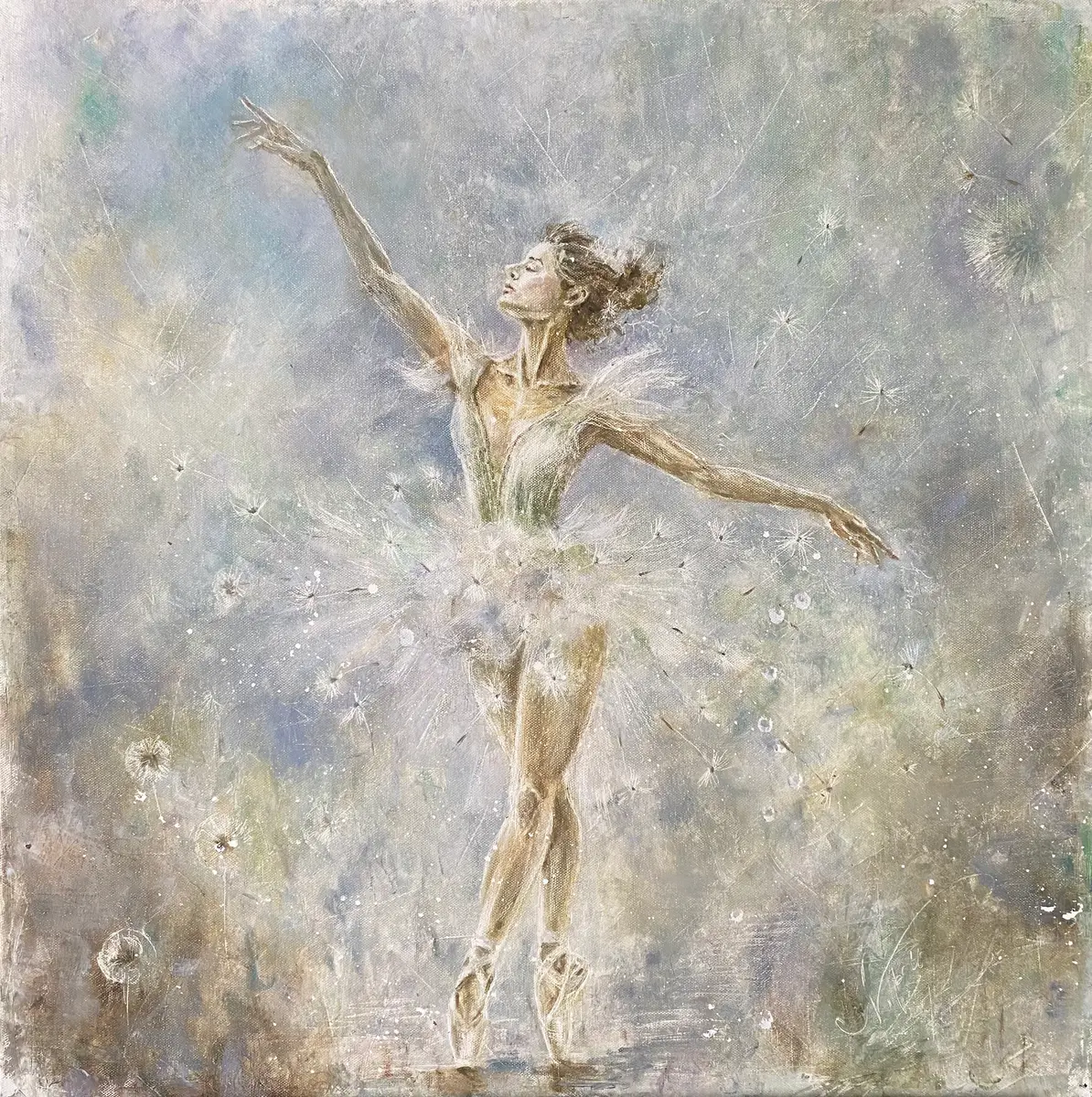 På maskrosens vingar - Olja - Figurative - 70×70 cm av Selene Caspian