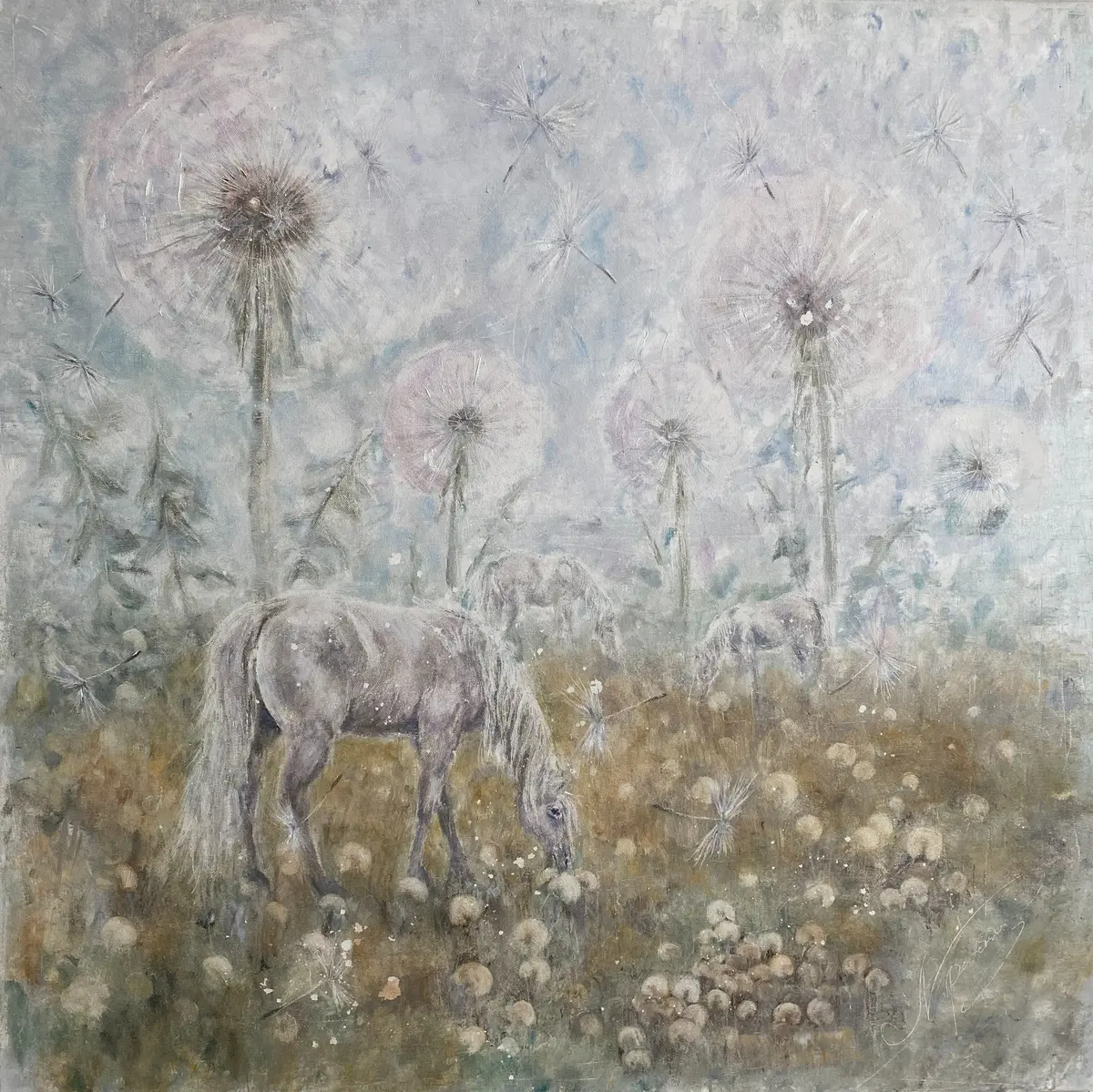 Vita hästar i maskrosfält - Olja - Impressionism - 80×80 cm av Selene Caspian