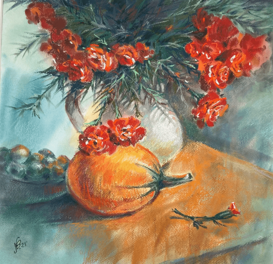 Blommor och pumpa – stilleben i pastell. - Pastell - Realism - 50×55 cm av Nadezda Beletskaya