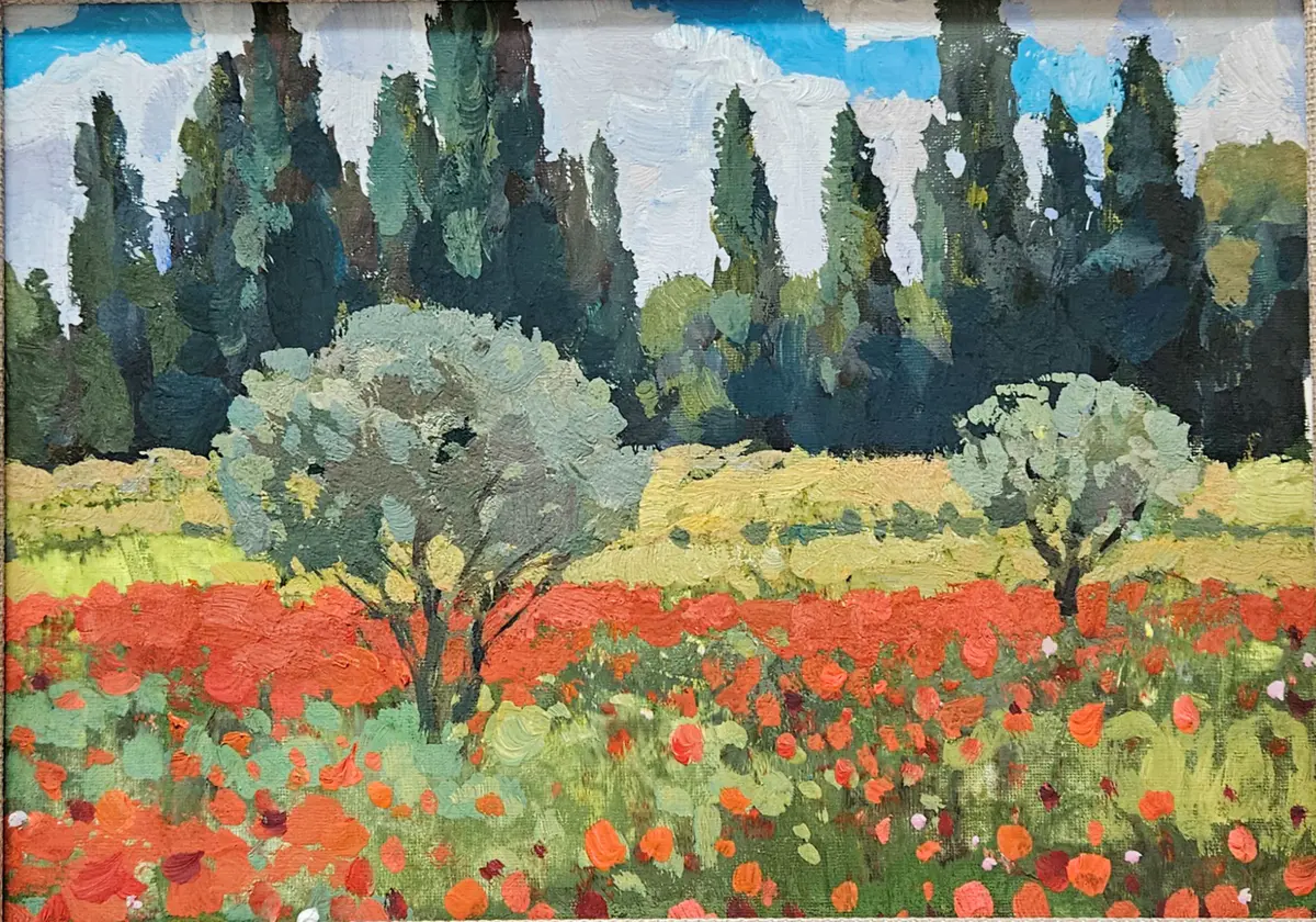 Olive Trees and Poppy Bloom/ Framed - Gouache - Impressionism - 35×25 cm av Tatiana Hellum
