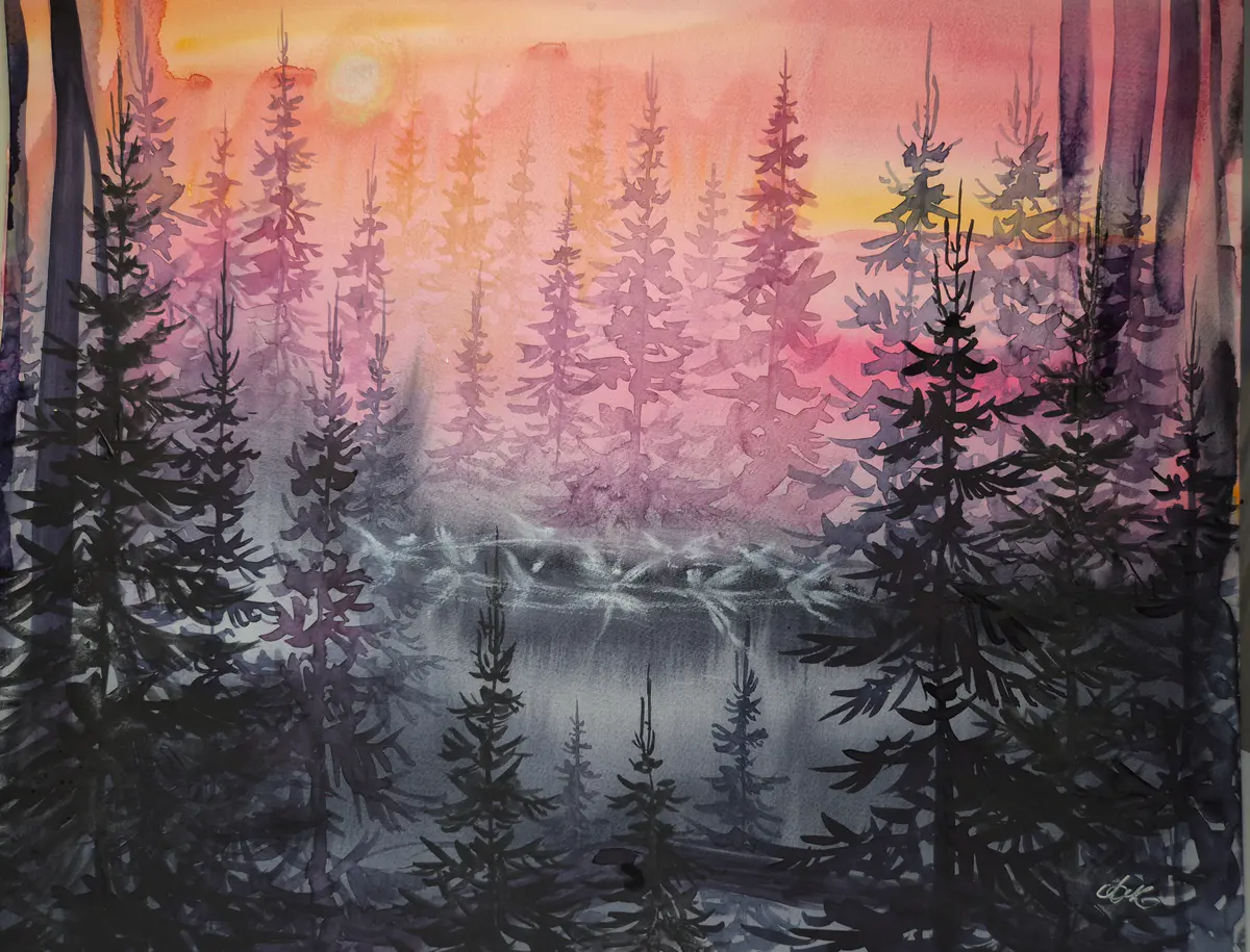 Älvdans i gryningen - Akvarell - Landscape - 70×50 cm av Komstadiusart