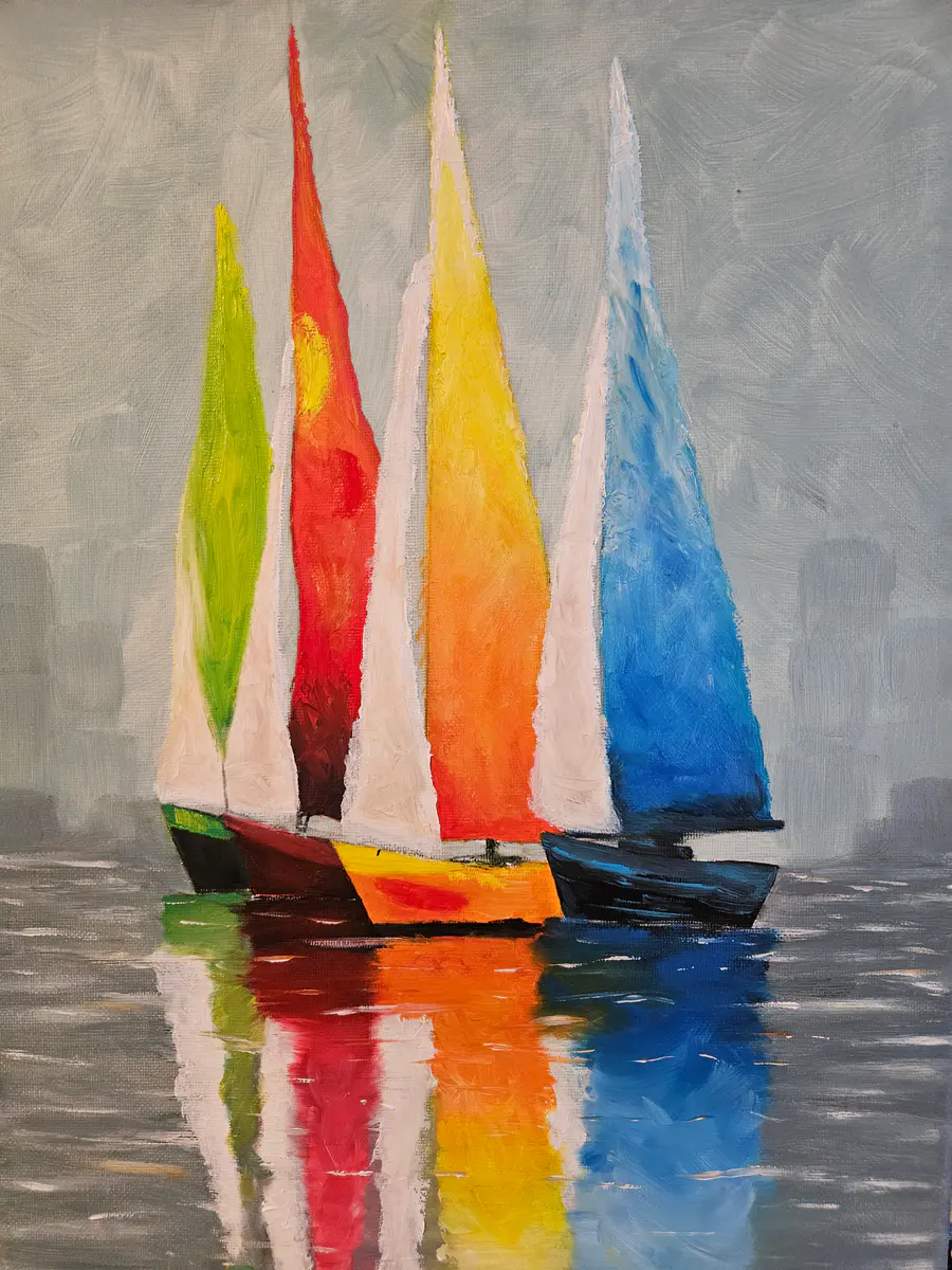 Regnbågssegel Reflekterade i Vattnets Lugna Yta - Olja - Pop Art - 29×40 cm av Stefani Miletic