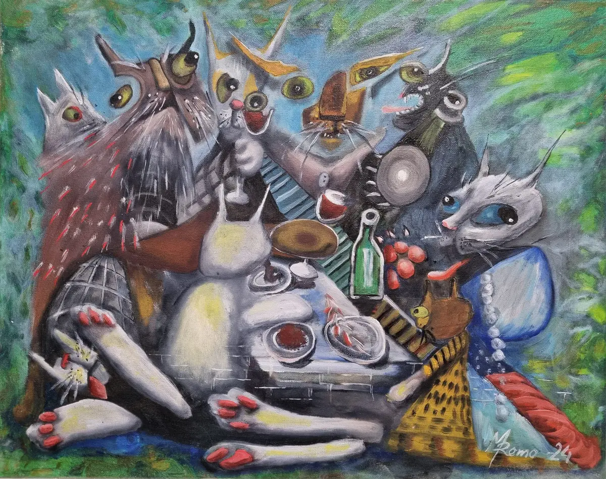 260-24 Hageselskap - Olja - Surrealism - 40×30 cm av MRomo (såld)