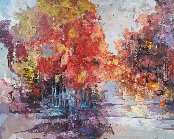 Autumn Passage. Large abstract painting, earth tones, crimson, amber, violet - Akryl av Tatiana Hellum