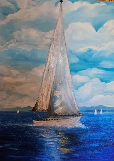 Segelbåt i Blått Hav - Olja av Stefani Miletic